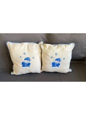 Set Of 2 Winter Snowman Decorative Throw Pillows Cream & Blue Embroidered Snowfl